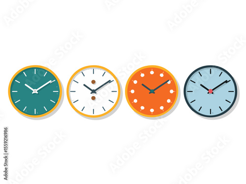 Four colorful flat design analog clocks showing different times against white background