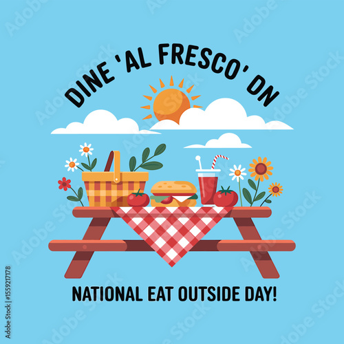 National eat outside day picnic illustration with food basket and summer al fresco dining concept image