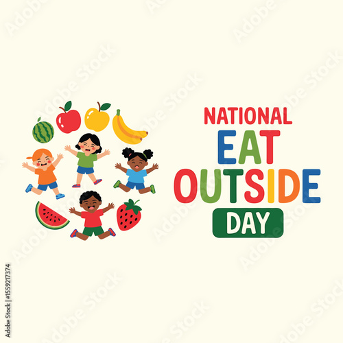 National eat outside day celebration with happy kids and healthy fruits vector illustration design