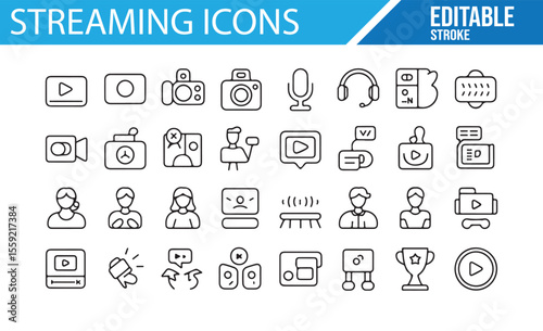 A Set of Video Streaming Icons Featuring Broadcast, Viewers, and Content


