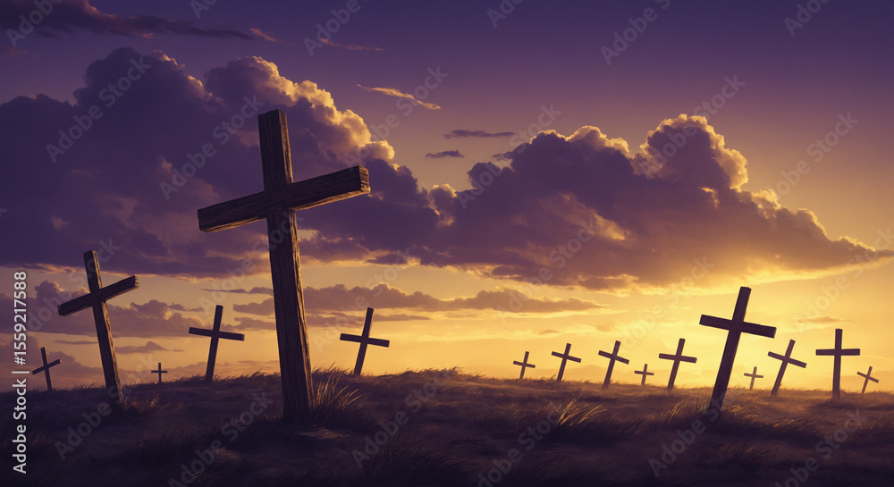 Obraz premium Wooden crosses in field during dramatic sunset with clouds illustration