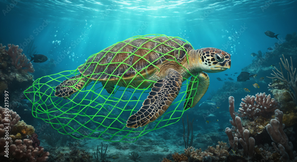 Obraz premium Sea turtle entangled in green net underwater with coral reef in the background – illustration