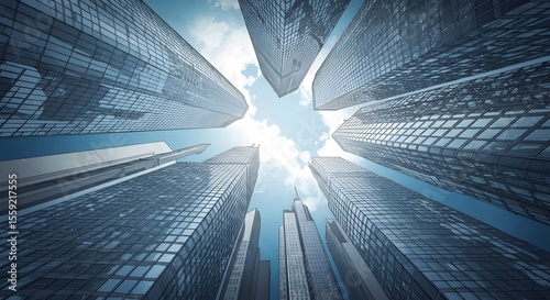 Modern skyscrappers with glass facades, downtown panorama illustration