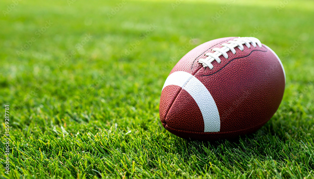 American football ball isolated on green grass. Active sport, competitive game. American football ball isolated on green grass. Active sport, competitive game.