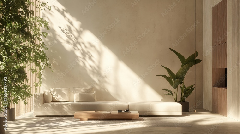 Interior featuring sofa plants sunlight and modern aesthetic interior design Interior featuring sofa plants sunlight and modern aesthetic interior design