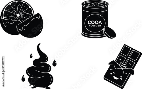Delicious Chocolate Vector Designs Featuring Cocoa Powder, Orange, and Ice Cream in a Minimalist Style