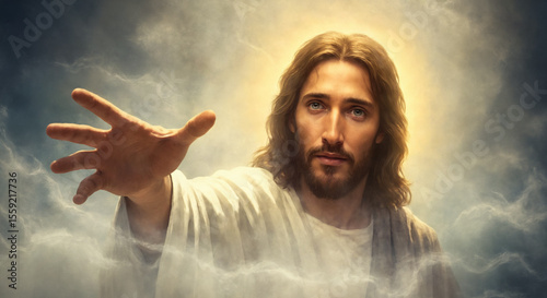 Jesus Reaching Out with Divine Light in Heavenly Clouds