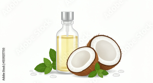 Oil bottle with fresh mint leaves and halved coconuts on white Illustration