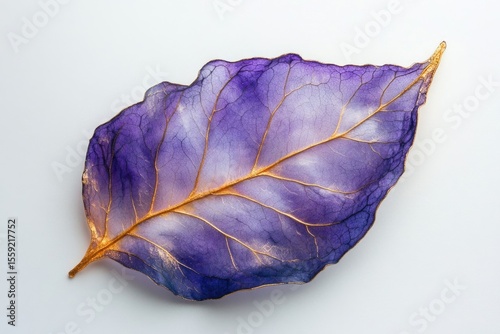 A striking, stylized purple leaf with golden veins, isolated on a clean, white background showcases intricate details.