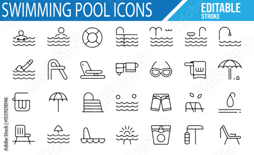 Water Leisure and Swimming Pool Icons for Recreation and Fitness

