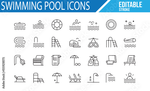 Pool and Swimming Icons Set for Summer Fun, Leisure, and Sports