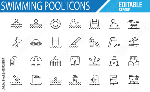 A Collection of Poolside and Water Sports Icons for Aquatic Activities