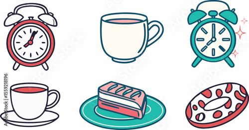 Doodle Morning Coffee and Breakfast Items Set