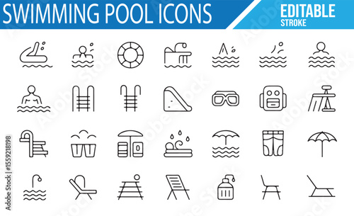 Swimming Pool Icons Featuring Activities, Equipment, and Leisure Elements
