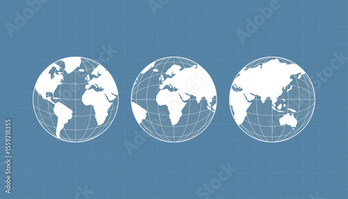 World map set. Europe, Asia, America, Oceania globe maps. World globe icons isolated on blue background. Terrestrial globes.