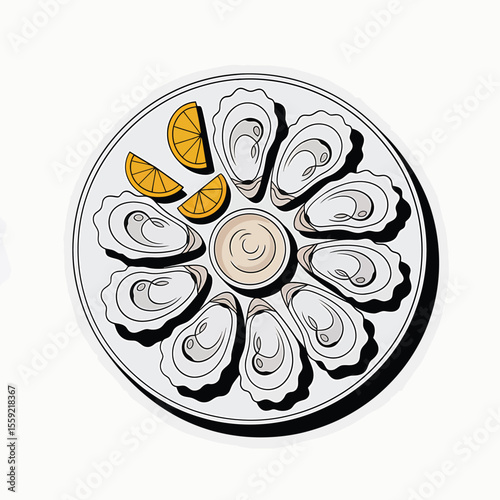 Fresh oysters on a platter with lemon wedges and dipping sauce seafood delicacy gourmet appetizer restaurant dish