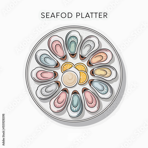 Delicious seafood platter with fresh oysters lemon slices and dipping sauce for restaurant menu and food blog