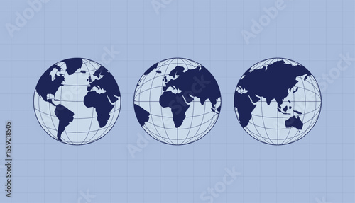 World map set. Europe, Asia, America, Oceania globe maps. World globe icons isolated on blue background. Terrestrial globes.