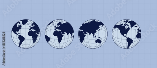 World map set. Europe, Asia, America, Oceania globe maps. World globe icons isolated on blue background. Terrestrial globes.