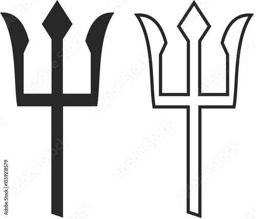 Two icons of tridents or austen, a symbol of sailors, a naval trident a symbol of military sailors and victory over the enemy, trident icons line and silhouette in black colors.