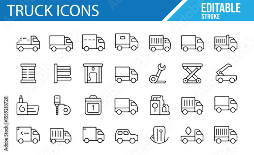 Icons Set for Trucks, Delivery, and Cargo Handling in the Logistics Industry