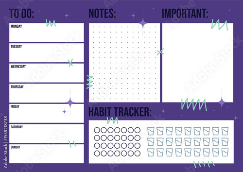 Modern Weekly Planner with Notes and Habit Tracker on Purple Background