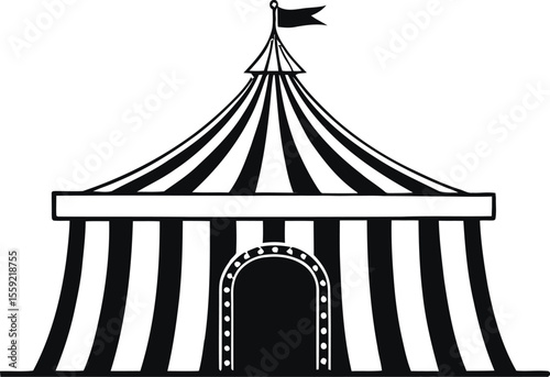 A circus tent with curtain, a small circus tent with flag, and a small circus tent with an entrance, PNG editable vector Illustration