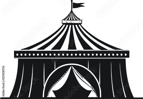 A circus tent with curtain, a small circus tent with flag, and a small circus tent with an entrance, PNG editable vector Illustration