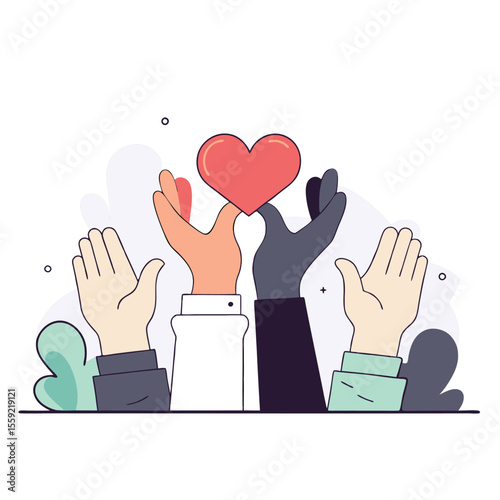 Diverse hands reaching up together holding a red heart symbolizing unity and love