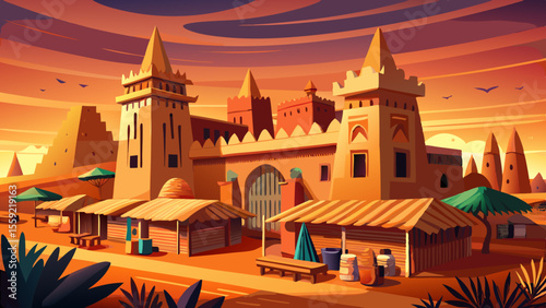 Grand Mosque of Djenné, Mali
A unique mud-brick mosque with protruding wooden beams and conical towers. The earthy tones of the structure glow at dusk, surrounded by the red dust of the Sahel and 