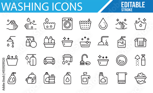 A collection of washing-related icons, featuring laundry, cleaning, and washing activities, ideal for home care, housekeeping, and cleaning service themes.