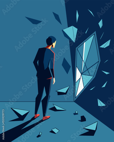 The glass pieces of a shattered mirror tered on the floor as a person gazes at their reflection questioning their own worth and sanity after years of gaslighting.. Vector illustration