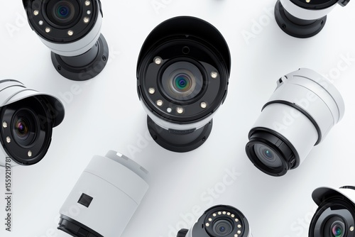 Variety of camera lenses arranged for advertising in a studio setting