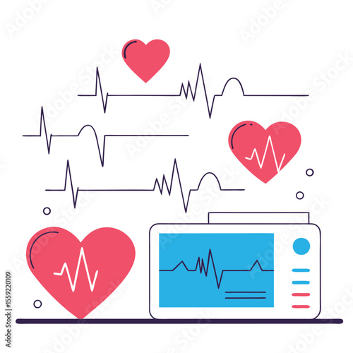 Medical heartbeat monitor displaying cardiogram and heart symbols