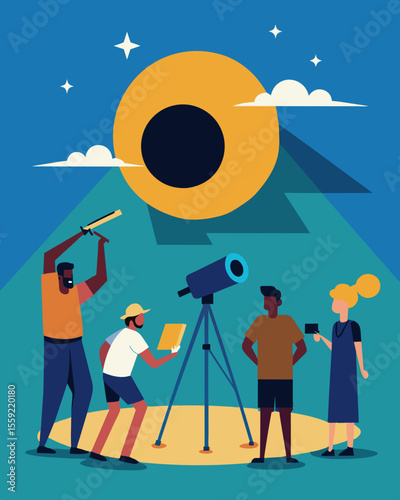 As the solar eclipse begins the remote workers quickly gather to set up their equipment for the rare and mesmerizing event.. Vector illustration