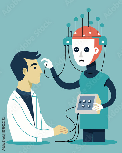 Wires and electrodes attached to a persons head their face expressionless as a technician adjusts settings on a machine that is slowly wiping away their personality.. Vector illustration