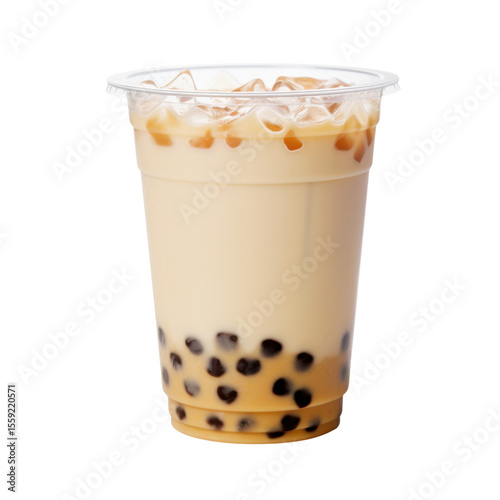 Iced bubble milk tea in plastic cup on white background