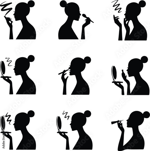 Cosmetic Routine Vector Silhouettes – Woman Applying Makeup Icons Woman Doing Makeup Silhouette Set – Beauty and Fashion Icon Pack