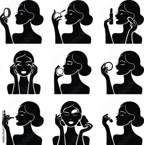 Cosmetic Routine Vector Silhouettes – Woman Applying Makeup Icons Woman Doing Makeup Silhouette Set – Beauty and Fashion Icon Pack