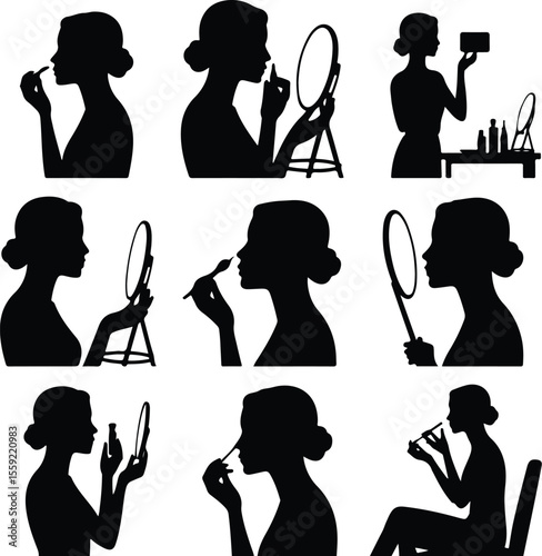 Cosmetic Routine Vector Silhouettes – Woman Applying Makeup Icons Woman Doing Makeup Silhouette Set – Beauty and Fashion Icon Pack