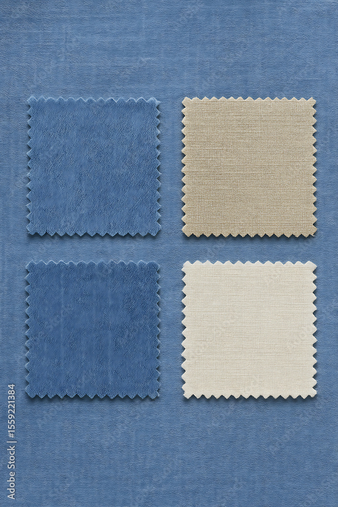 Fototapeta premium Assortment of blue and beige fabric swatches with zig-zag edges, arranged on a coordinating blue textile background