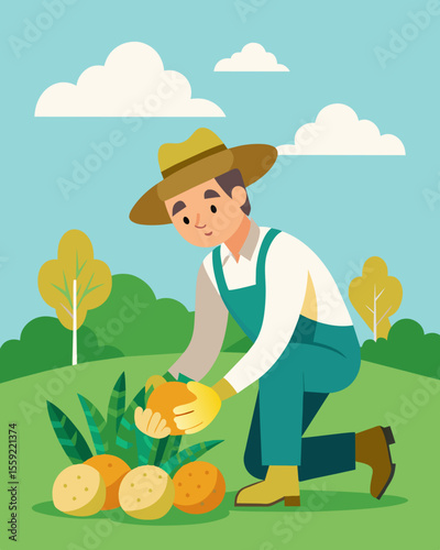 A farmer harvesting potatoes by hand carefully inspecting each one for quality rather than using chemical sprays to prevent pests.. Vector illustration