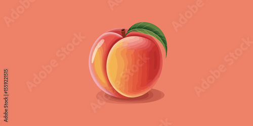 Illustration of a fresh peach fruit with green leaves organic food summer harvest healthy eating delicious fruit