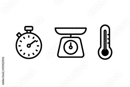 Stopwatch, scale, and thermometer icons in black outline
