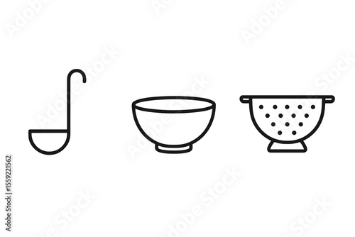Outline icons of ladle, bowl, and colander for kitchenware design