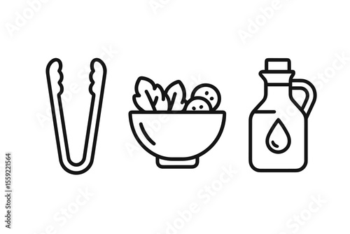 Salad bowl with tongs and olive oil line icon set