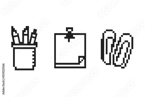 Pixel art icons: pen holder, clipboard, paper clips in black and white