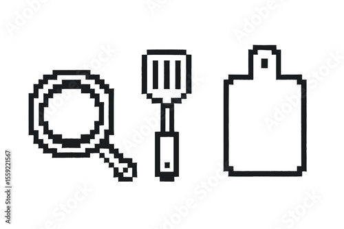 Pixel art kitchen utensils: frying pan, spatula, cutting board