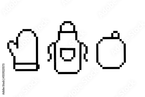 Pixel art kitchen utensils: oven mitt, apron, pot holder in black and white