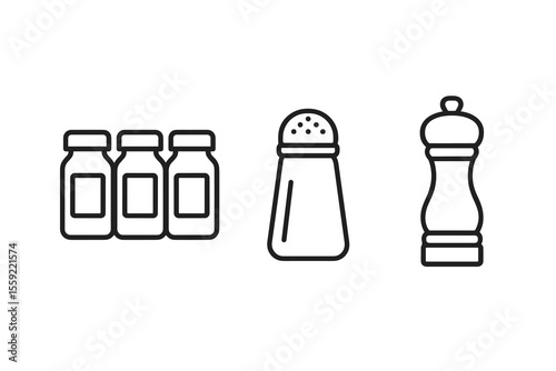 Spice jars, salt shaker, and pepper mill icons on white background